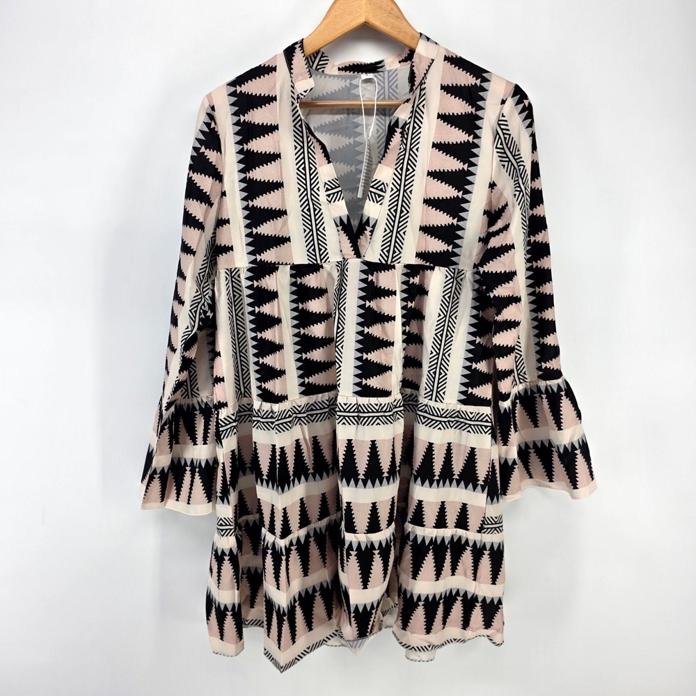 Tiered Mini Dress Womens Sm Black Pink Tribal Boho Bell Sleeve Split V Festival